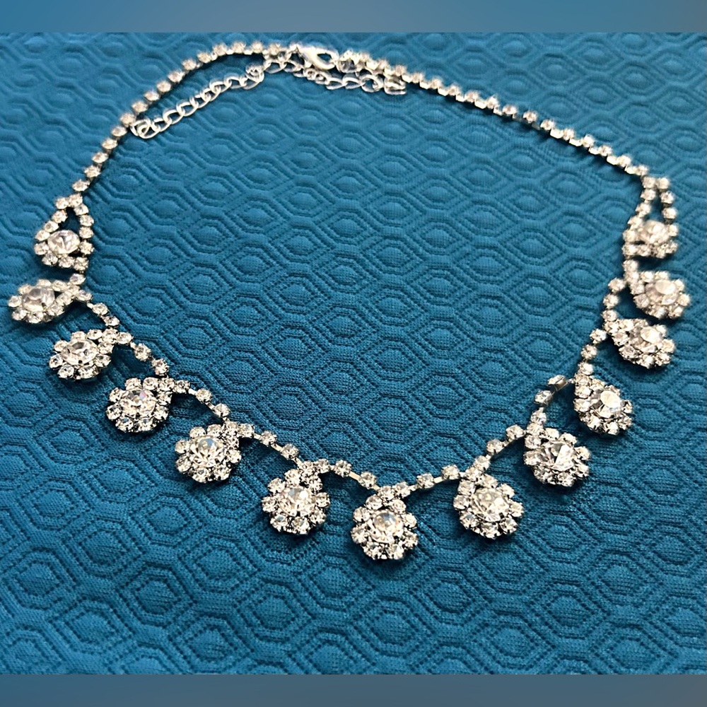 Crystal Drop Necklace - Silver Rhinestone Statement Necklace
